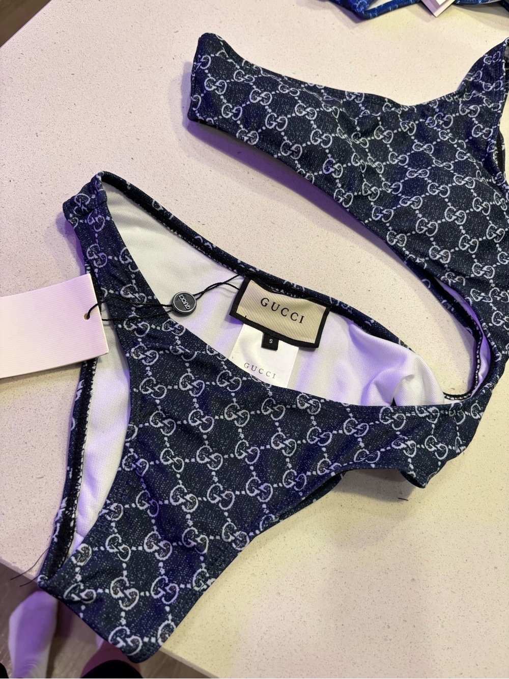 Gucci Navy and White One-Shoulder Logo Bikini - Picture 6 of 6